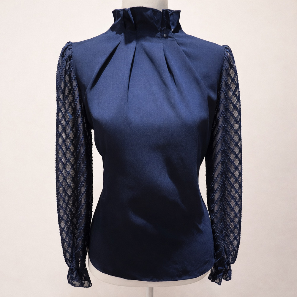 Romantic Gothic Lace Sleeve Blouse Navy Dark Academia Victorian Inspired Top S